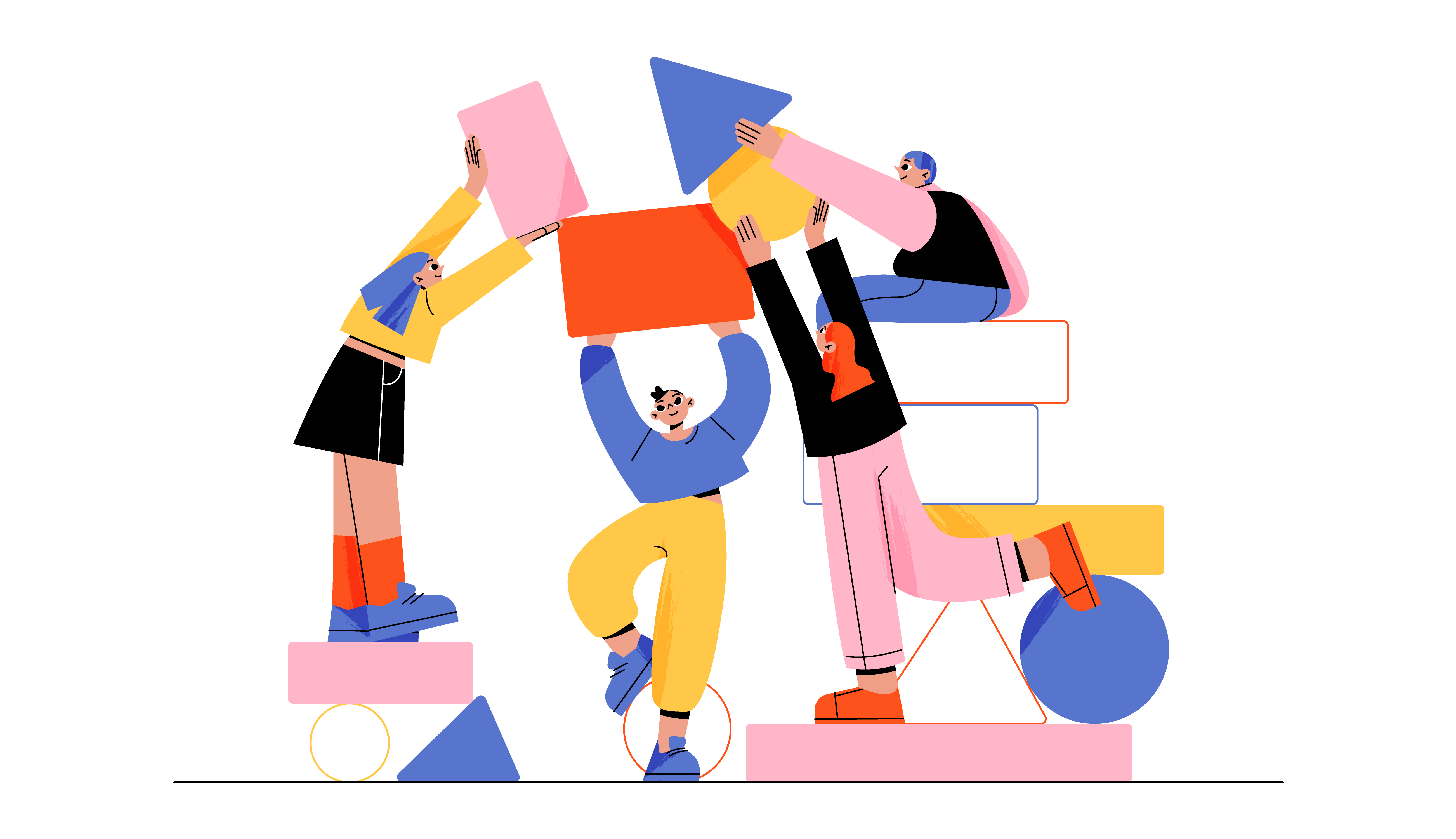 Eine abstrakte Zeichnung zeigt Menschen, die versuchen mit verschiedenen geometrischen Formen einen Turm zu errichten.